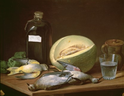 'Still Life with Melon and Birds', oil on canvas by José Lopez Enguidanos.