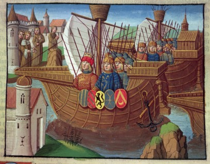 The Crusaders returning from the Holy Land, miniature in the incunable 'Ogier le Danois', printed?