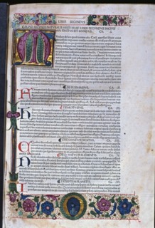 Natural History, an illuminated page of the Venice edition of 1478, a work by Pliny the Elder.