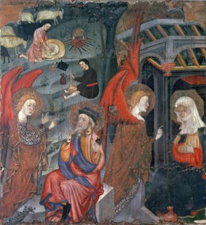 Altarpiece dedicated to the Virgin with the Annunciation and pastors making cheese, painting on w?