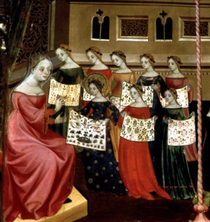 Altarpiece of the Virgin and St. George, detail of embroidery veil of the temple, tempera on wood?