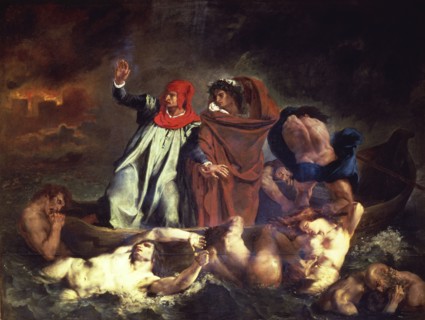 'Dante and Virgil led by Flegias, cross the lake that surrounds the hell', oil of 1822 by Eugene?
