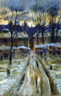 Snowy Urban Landscape, 1885, oil by Enric Serra.