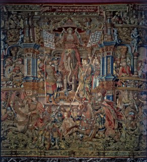 Honours'. 'The Fame', central detail of tapestry # 6 representing Fame seated on an elephant and ?