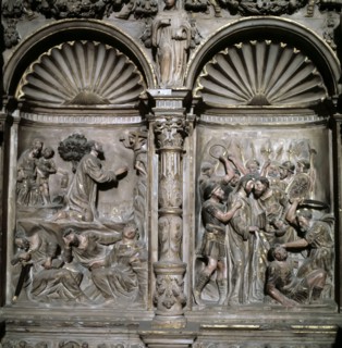 Detail of the base of the altarpiece in the main altar of the cathedral of Barbastro, with scenes?