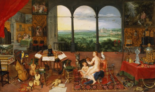 The Hearing', represented by a naked nymph singing with a lute, at her side a winged cherub and a?