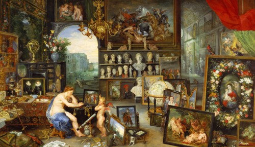 The Sight', represented by a naked nymph looking at a painting showed by a winged cherub, by Jan ?