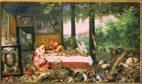The Taste', represented by a nymph eating at a table stocked with various delicacies while a saty?