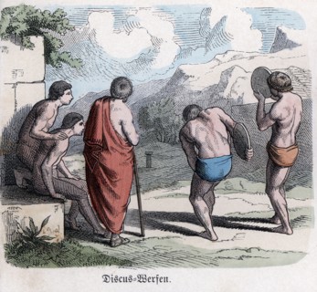 Ancient History. Greece. Athletic competitions, discus game. German engraving, 1865.