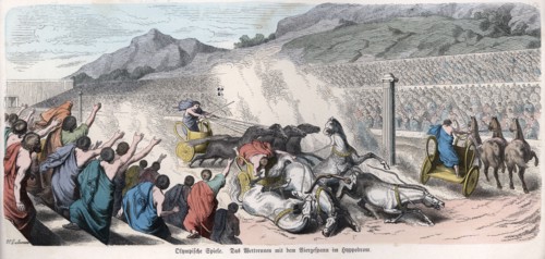 Ancient History. Greece. Athletic competitions, chariot race at the racetrack. German engraving, ?