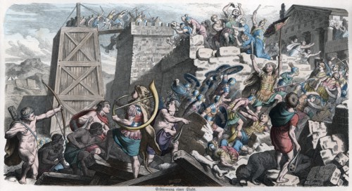 Ancient History. Rome. Romans assaulting a city. German engraving, 1865.