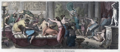 Ancient History. Rome. Orgy in a house of a Roman patrician. German engraving, 1866.
