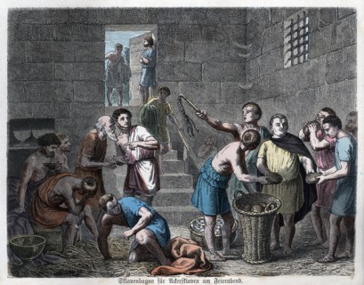 Ancient History. Rome. Dungeons of agricultural slaves. German engraving, 1865.