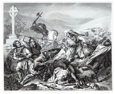 Battle of Tours between Visigoths and Normans in October 732. Engraving from 1853.