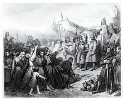 Charlemagne receive the submission of Wittekind in the year 785. Engraving from 1853.