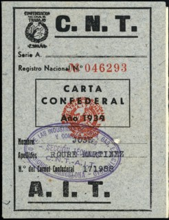 Membership card to the CNT-AIT, 1939.
