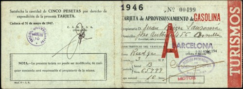 Gasoline rationing card. Barcelona, 1946.