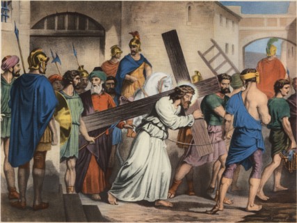 Via Crucis. Second station. Jesus with the Cross on his back. Drawing by Pascual. Barsal Editions?