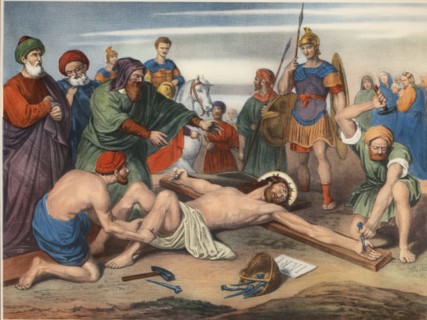 Via Crucis. Eleventh Station. Jesus is nailed to the cross. Drawing by Pascual. Barsal Editions, ?