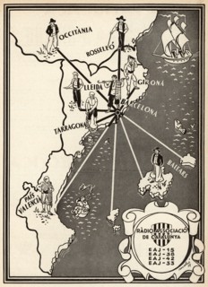 Broadcasting map of Radio Associació of Catalonia in the range of Catalan countries, 1934.