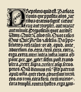 Text page of the Donato Grammar from 4th century, printed by Gutenberg in 1460. Wood engraving fr?