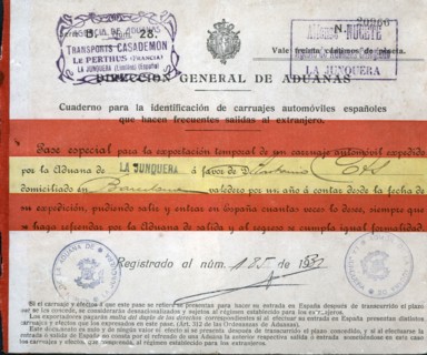 Special pass for the temporary export of a car to cross the border at La Junquera, 1931.