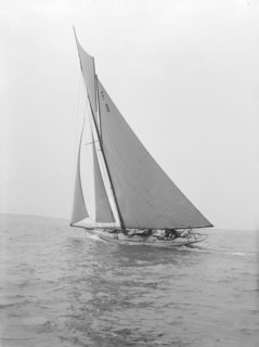 The 10 Metre class 'Pampero' (F8) sailing close-hauled, 1914. Creator: Kirk & Sons of Cowes.