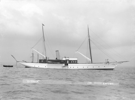 The steam yacht 'Titania' at anchor, 1914. Creator: Kirk & Sons of Cowes.