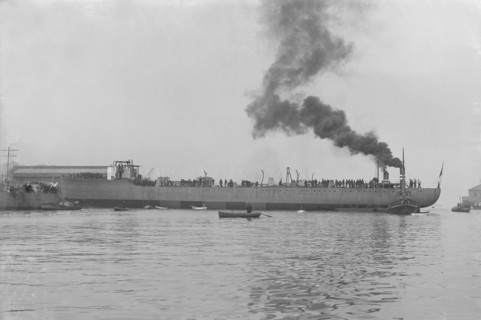 The launch of 'Almirante Simpson' at J. Samuel White shipyard, Cowes, 26th February 1914. Creator: Kirk & Sons of Cowes.