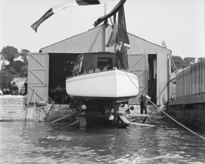 Saunders' motor launch on slipway ready for launching, 1908. Creator: Kirk & Sons of Cowes.