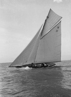 The 8 Metre 'Ventana' (H11) sailing close-hauled, 1914. Creator: Kirk & Sons of Cowes.
