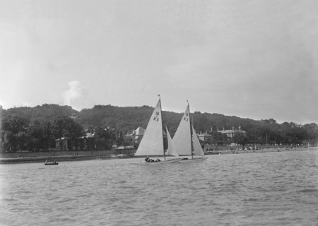 The 18-foot keelboats 'Vanity' (K5) and 'Prudence' (K2) racing, 1922. Creator: Kirk & Sons of Cowes.