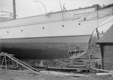 The steam yacht 'Priscilla' on slips, 1912. Creator: Kirk & Sons of Cowes.