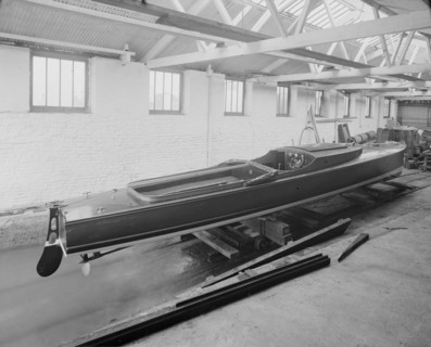 Saunders motor launch in yard, 1914. Creator: Kirk & Sons of Cowes.