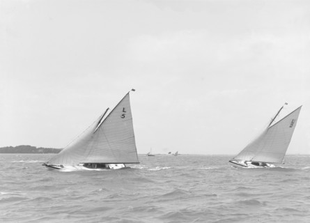 'Snowdrop' and 'Correnzia' racing up wind, 1911. Creator: Kirk & Sons of Cowes.