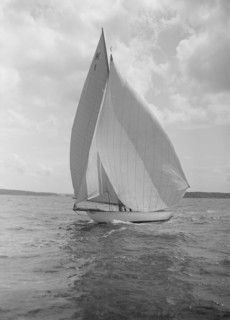 The 7 Metre 'Marsinah' (K1) sailing with spinnaker, 1912. Creator: Kirk & Sons of Cowes.