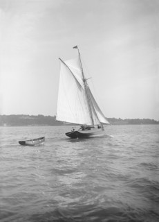 The cutter 'Citara' under sail and towing tender, 1911. Creator: Kirk & Sons of Cowes.