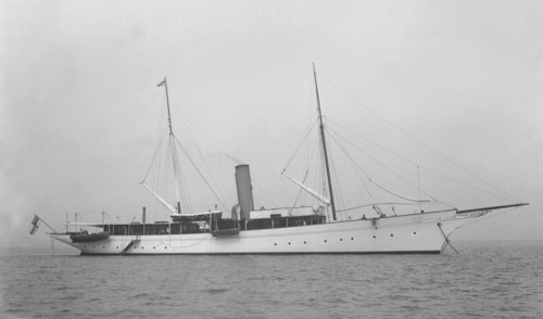 The steam yacht 'Agatha' at anchor, 1919. Creator: Kirk & Sons of Cowes.