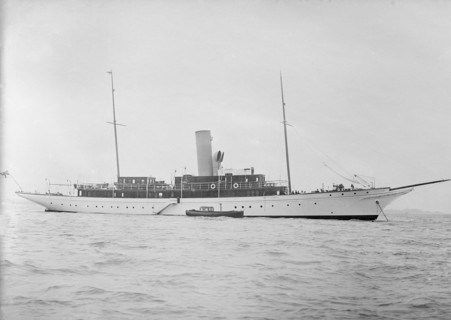 Steam yacht 'Miranda' at anchor, 1910. Creator: Kirk & Sons of Cowes.