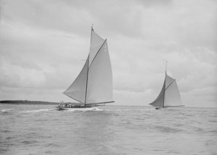 The racing cutters 'The Lady Anne' and 'Istria' running downwind, 1912. Creator: Kirk & Sons of Cowes.