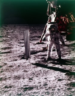 Buzz Aldrin deploys solar wind collector on the surface of the Moon, Apollo 11 mission, July 1969.  Creator: Neil Armstrong.