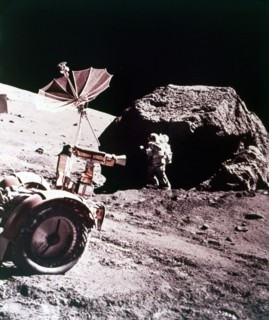 Astronaut with Lunar Roving Vehicle on the Moon, 1970s. Creator: NASA.