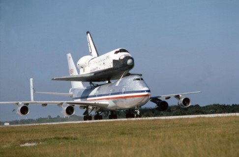 Space Shuttle atop Boeing 747, Kennedy Space Center, Florida, USA, 1980s. Creator: NASA.