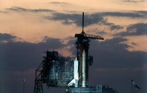 Space Shuttle on launch pad, Kennedy Space Center, Merritt Island, Florida, USA, 1980s.  Creator: NASA.