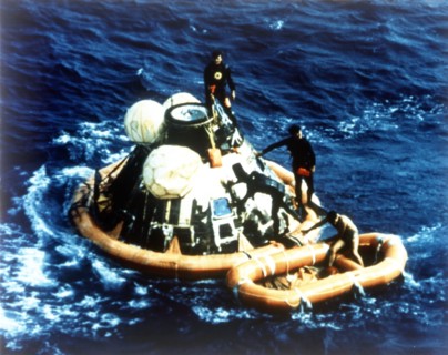 Recovery of command module 'Columbia' in the Pacific Ocean, Apollo II mission, 24 July 1969. Creator: NASA.