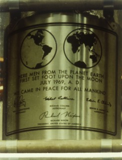 Plaque left on the Moon, Apollo II mission, July 1969. Creator: NASA.