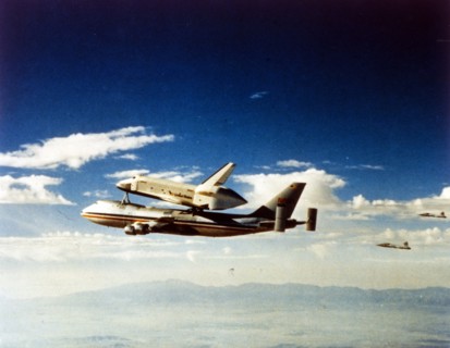 First Space Shuttle flight, 'Columbia' parting from carrier aircraft, April 1981. Creator: NASA.