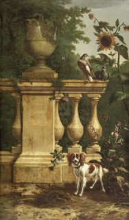 Pigeons and a dog in a garden, c1660-1690. Creator: Melchior d'Hondecoeter.