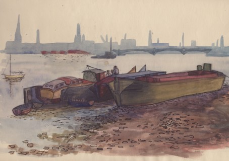 Barges on the Thames in London, 1951. Creator: Shirley Markham.