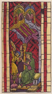 The Annunciation to St Anne, section of stained glass window, 1951. Creator: Shirley Markham.